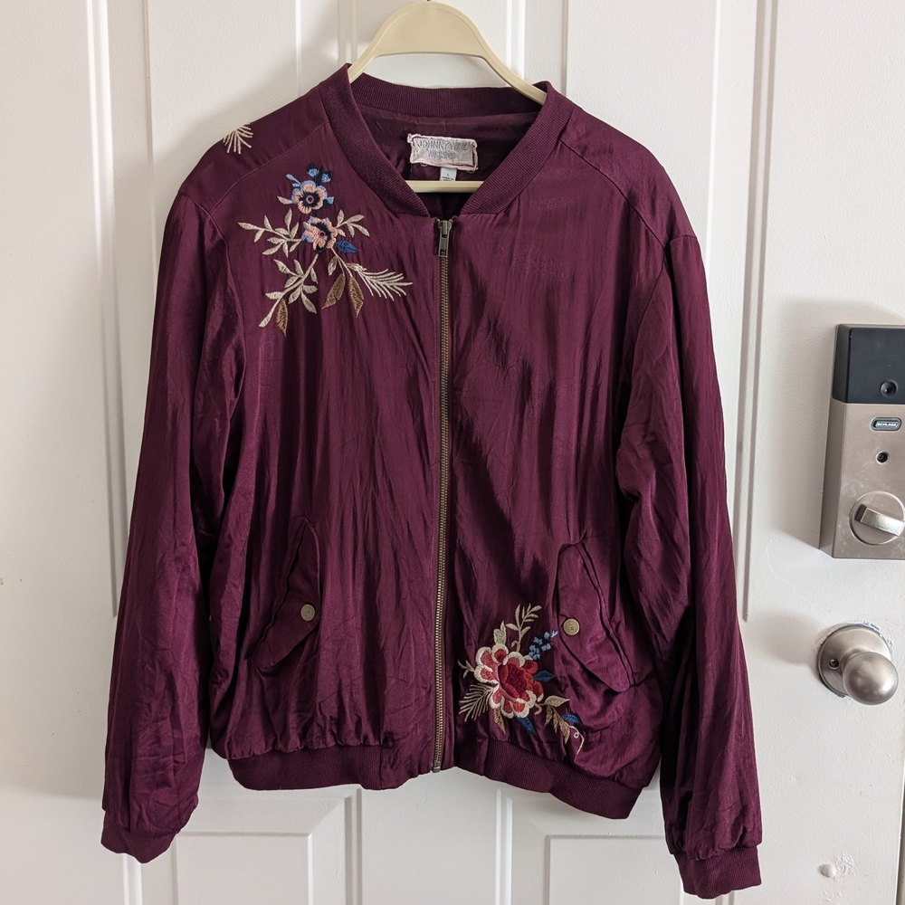 Embroidered Burgundy Bomber Jacket